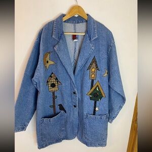 Vintage Americana Artsy Birdhouse Patchwork Denim Blazer
